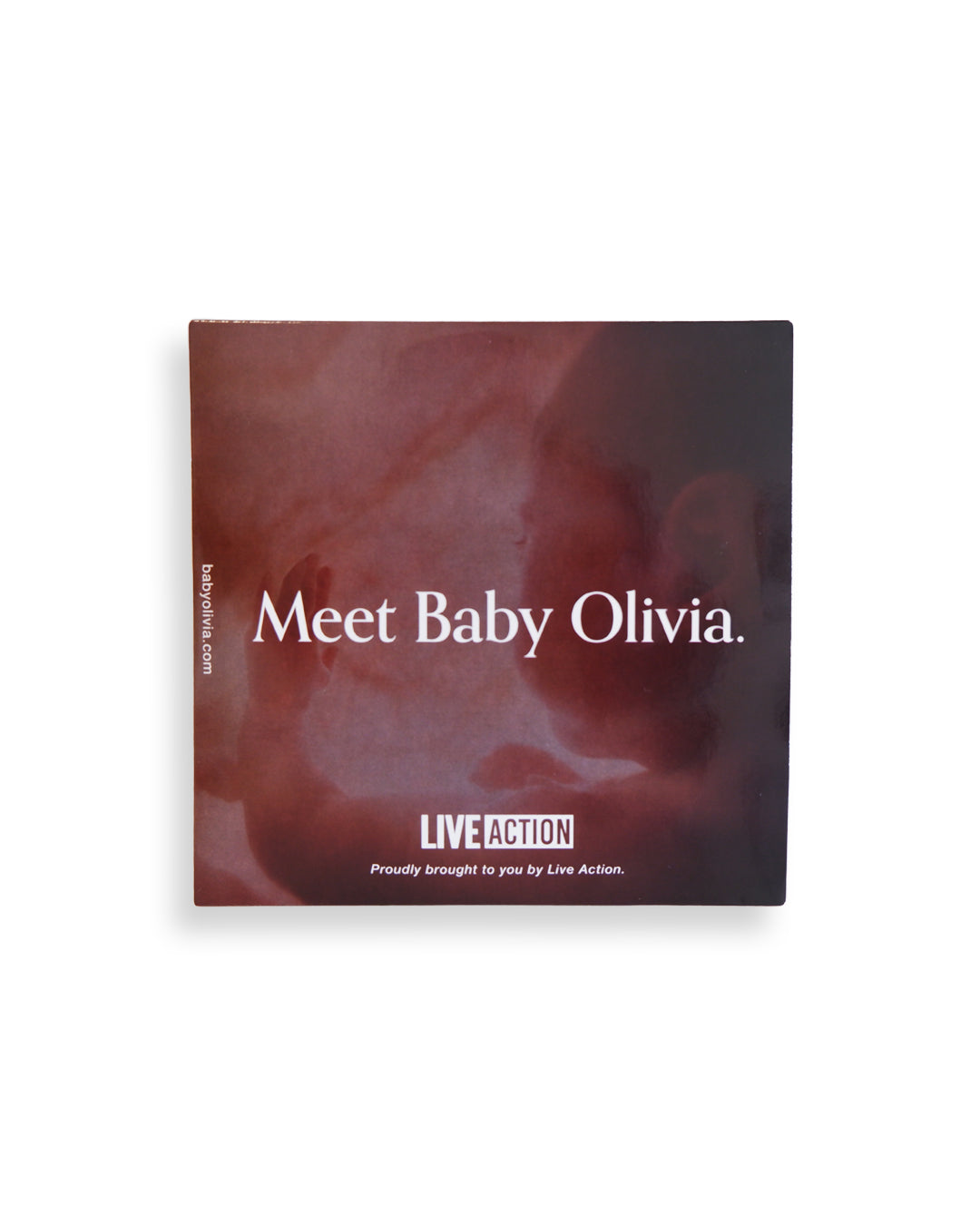 The cover of the Baby Olivia dvd features the back/side profile of a baby in utero looking out at the world through the point of view of a preborn child. Across the center is the text "Meet Baby Olivia." in white font.